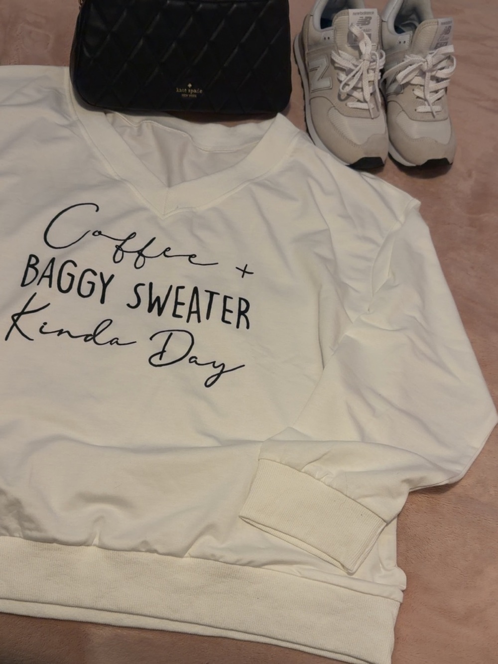 Cream V-Neck Graphic Baggy Sweater - Casual Everyday Pullover